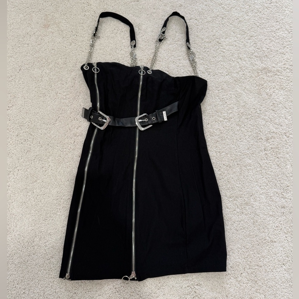 NWOT SHEIN Black Mini Dress with Chain Straps, Zippers & Buckle Belt Size L